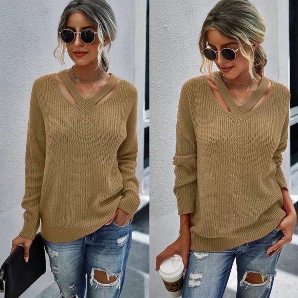 Cut Out Knit Solid Sweater- BLUE - Picture 7 of 12